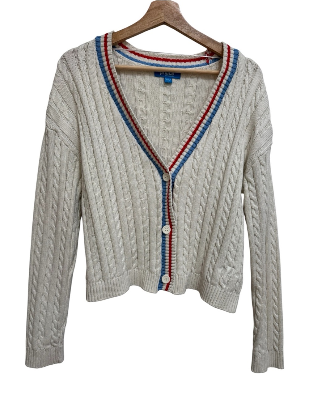 Prince Pickleball Cotton Cable Knit Cardigan Sweater Women Large Tennis Prep